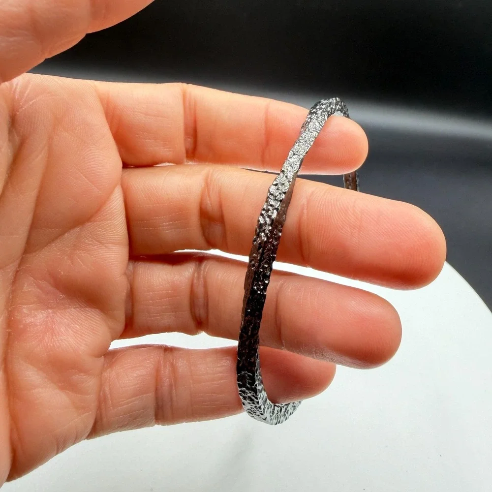 Gunmetal Silver Tone Textured Open Cuff Bracelet Gothic Boho Statement Jewelry